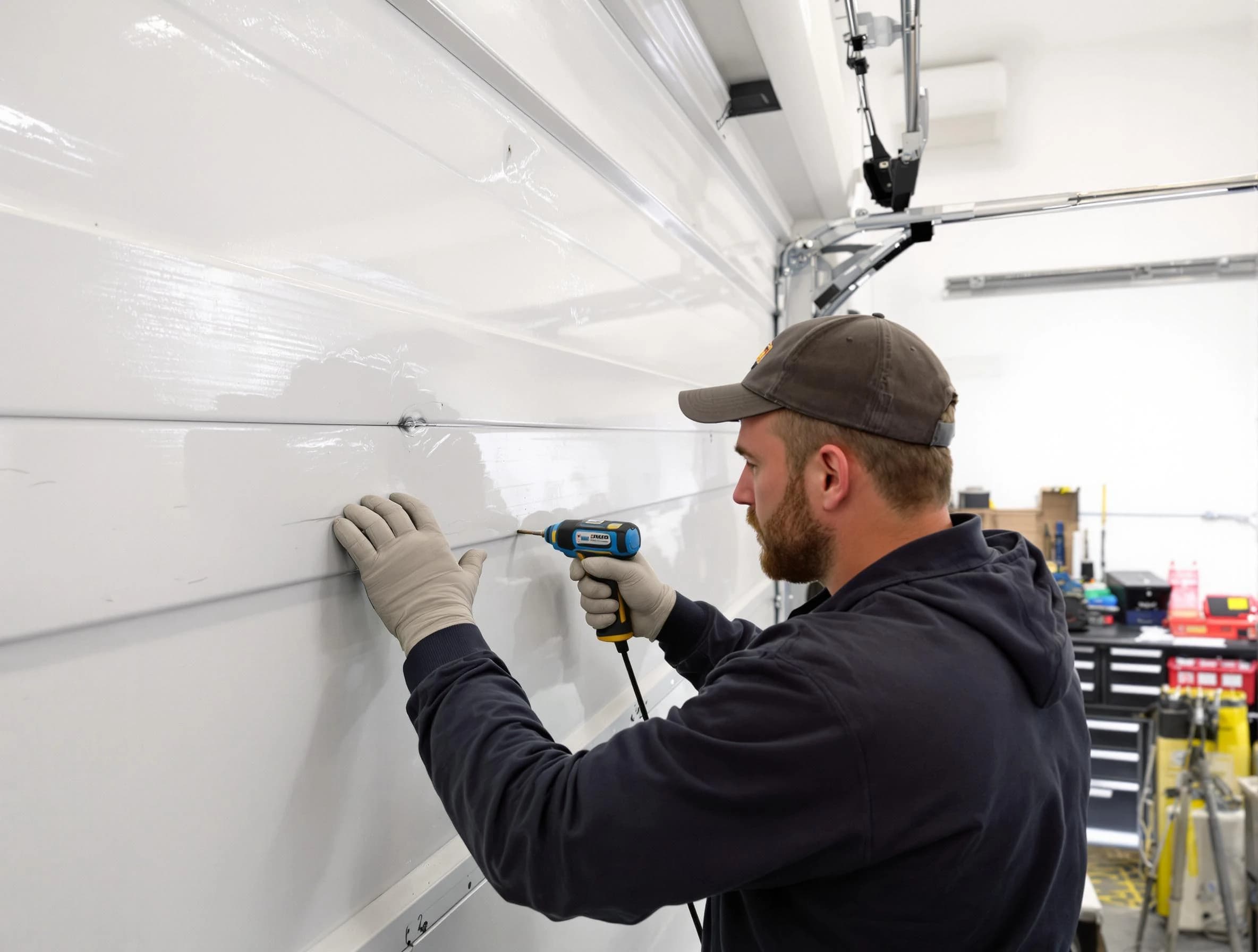 Birmingham Garage Door Repair technician demonstrating precision dent removal techniques on a Birmingham garage door